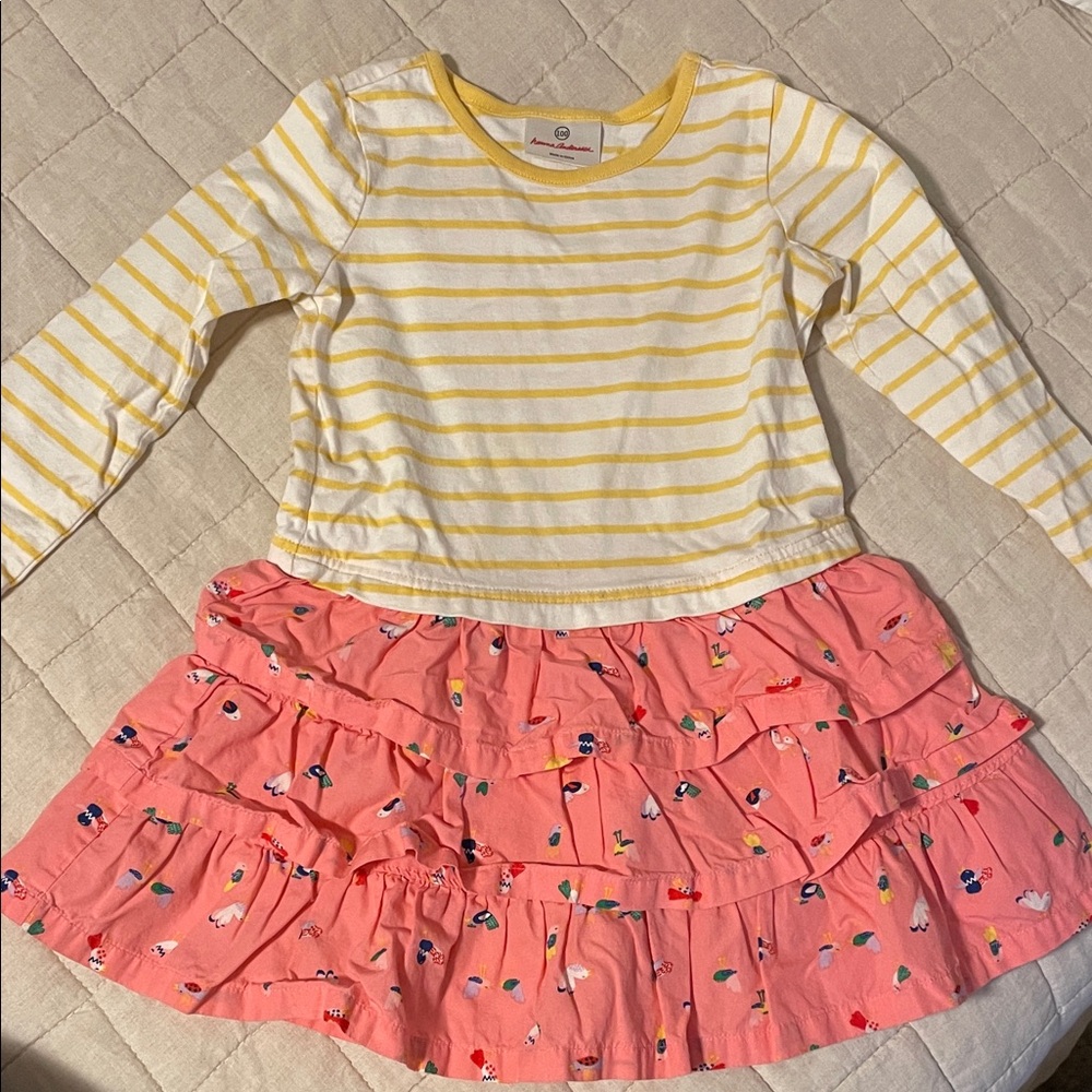Hanna Andersson Striped Yellow And Pink Birds Cotton Dress
